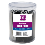 A clear plastic container with black cushion nail files labeled 'DL Professional' and 'Cushion Nail Files, Black 180/180 Grit, 50 Files'.