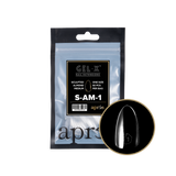 Clear refill bag of Apres Gel-X Nail Extensions in Sculpted Almond Medium, Size 1 (50 pcs), with a close-up of a single clear nail tip.