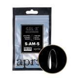 Clear refill bag of Apres Gel-X Nail Extensions in Sculpted Almond Medium, Size 5 (50 pcs), with a close-up of a single clear nail tip.