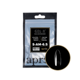 Clear refill bag of Apres Gel-X Nail Extensions in Sculpted Almond Medium, Size 6 (50 pcs), with a close-up of a single clear nail tip.
