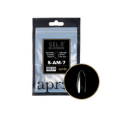 Clear refill bag of Apres Gel-X Nail Extensions in Sculpted Almond Medium, Size 7 (50 pcs), with a close-up of a single clear nail tip.