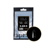 Clear refill bag of Apres Gel-X Nail Extensions in Sculpted Almond Medium, Size 9 (50 pcs), with a close-up of a single clear nail tip.