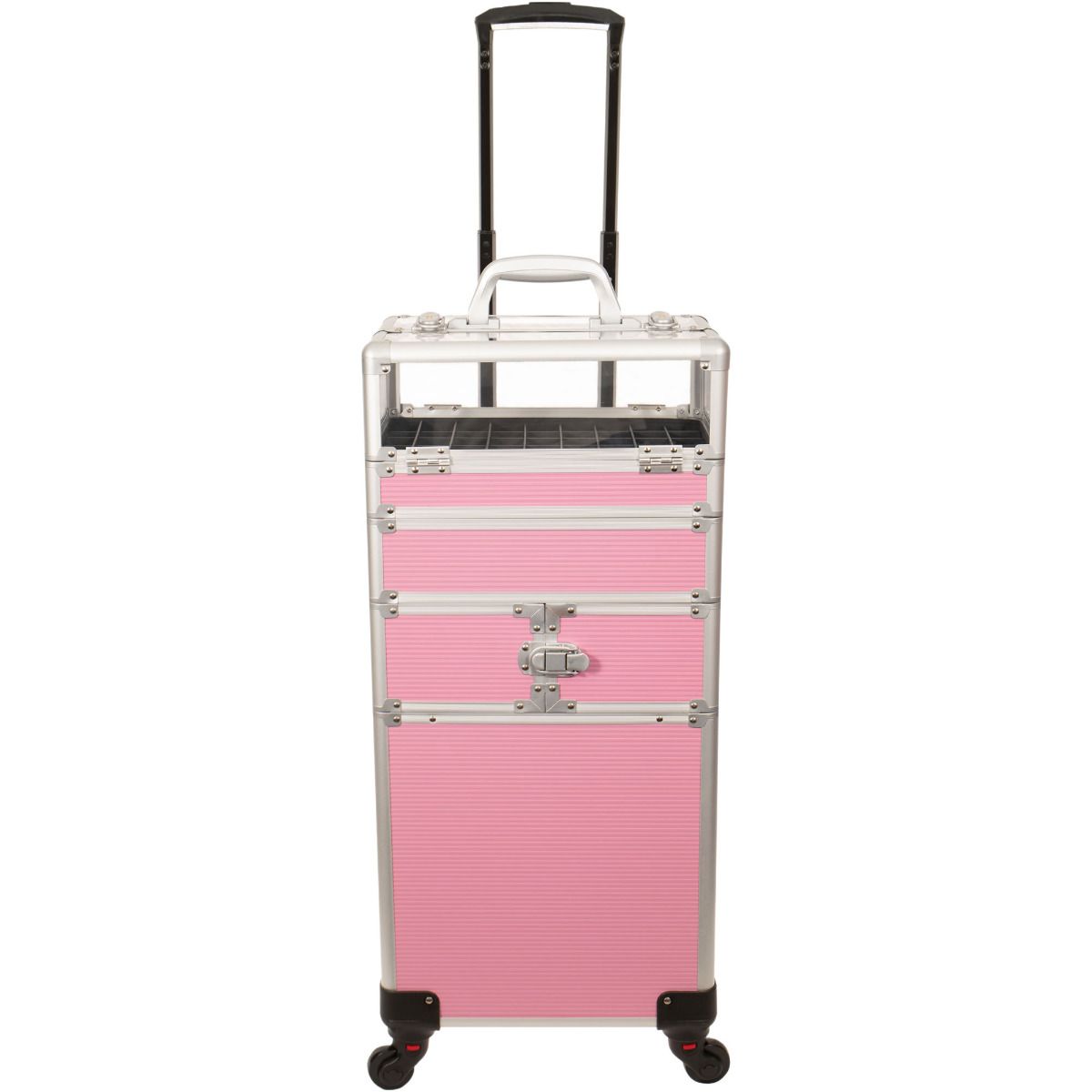 JC Pink Stripe Pattern 2-Tiers Accordion Trays Professional Cosmetic Rolling Case #JMT002-63