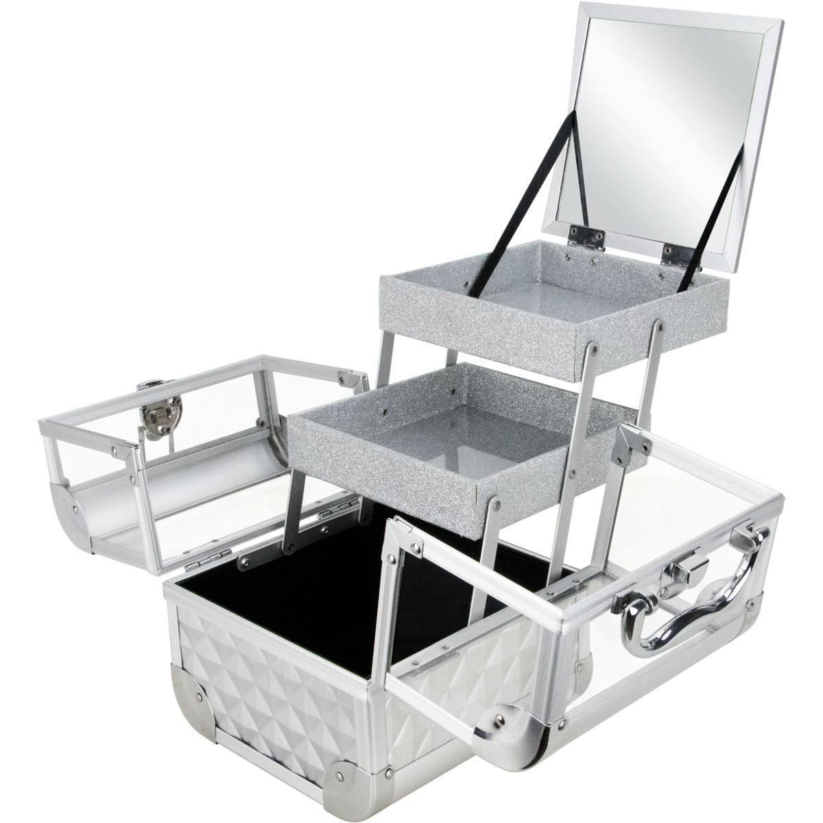 JC Silver Diamond Acrylic 2-Tiers Extendable Trays Cosmetic Train Case with Mirror #JMK001-84