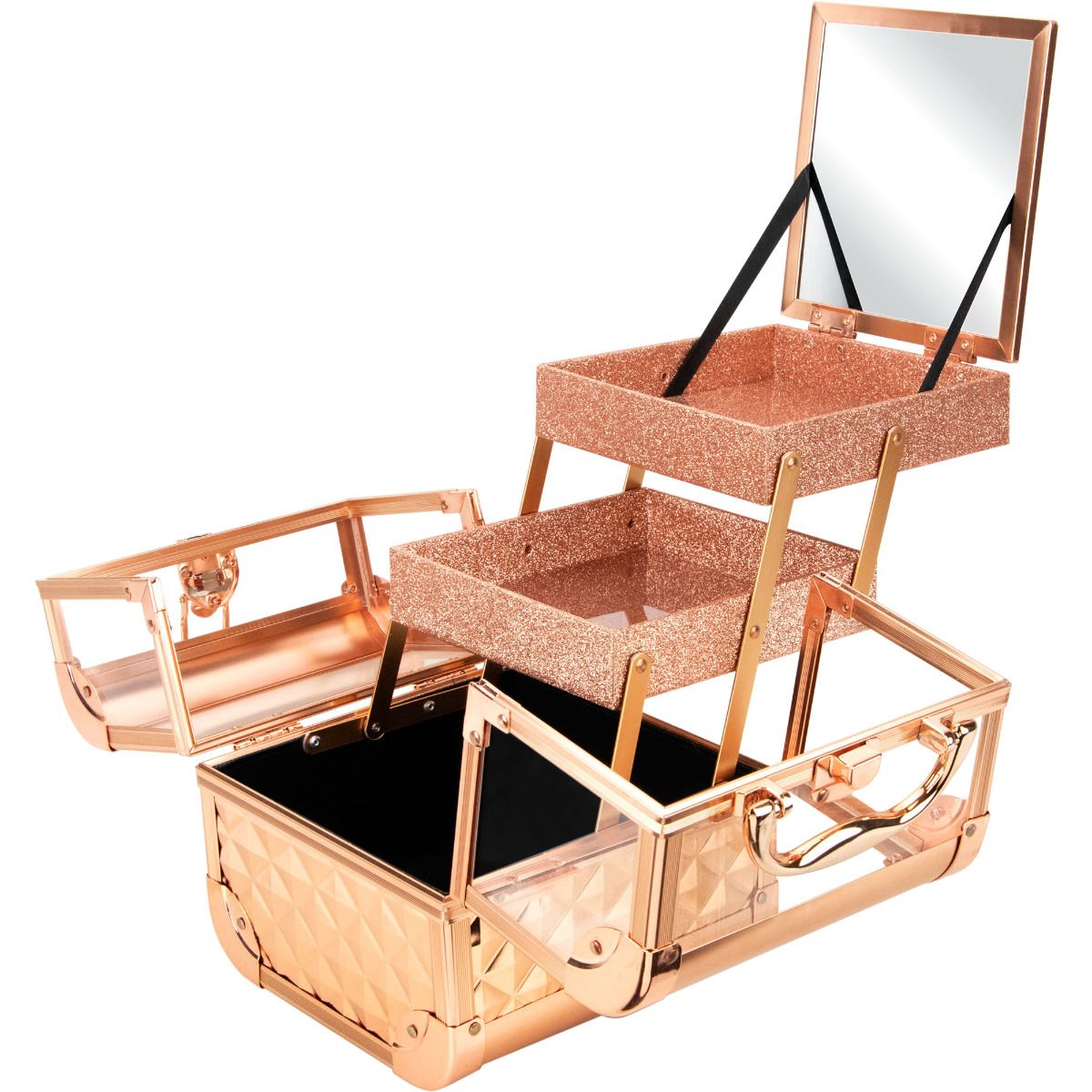 JC Rose Gold Diamond Acrylic 2-Tiers Extendable Trays Cosmetic Train Case with Mirror #JMK001-85