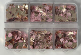 6 Grid/box Nail Art Sequins - Flowers/Hearts/Butterflies (Gold+Pink)